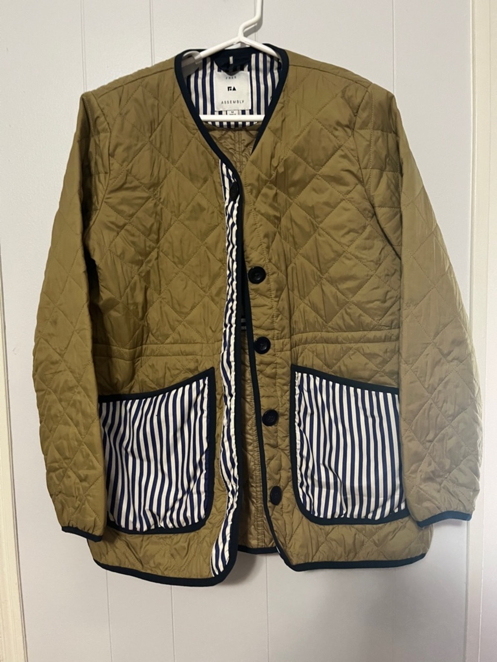 Quilted Olive Bomber Jacket with Striped Pocket Trim